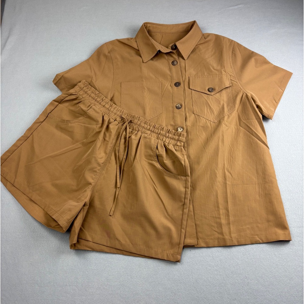 Boutique Two Piece Matching Set Tan Khaki Shirt Shorts Co-ord Linen Look XL